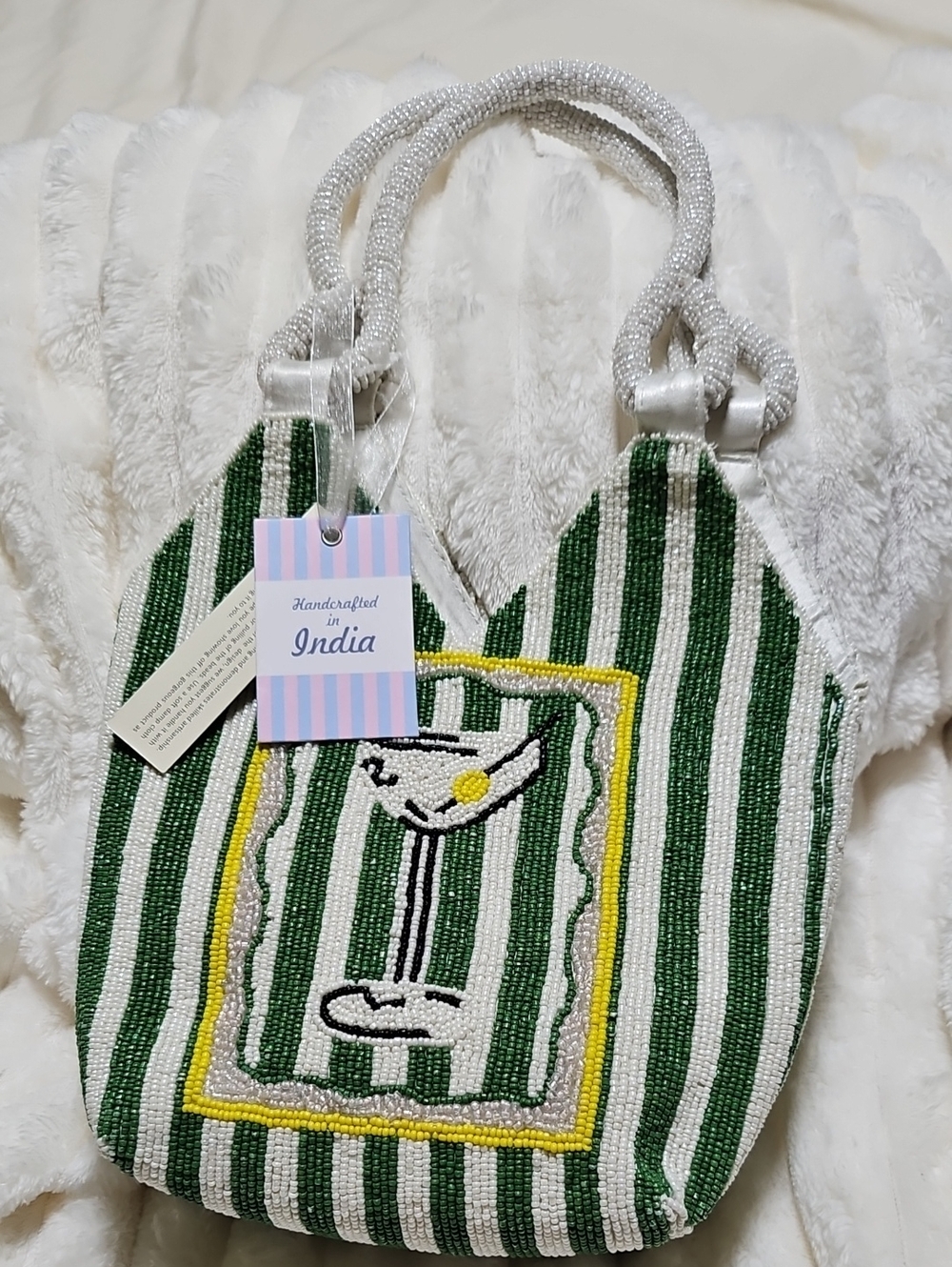 The Viral Martini Glass Beaded Tote Bag - Green and White